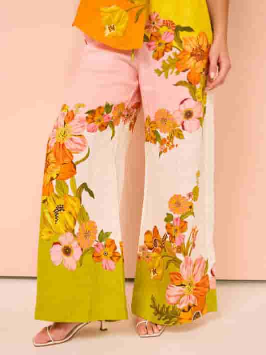 Casual Floral Cotton And Linen Two-piece Suit Outfit Top Wide-leg Pants New - 727aaa