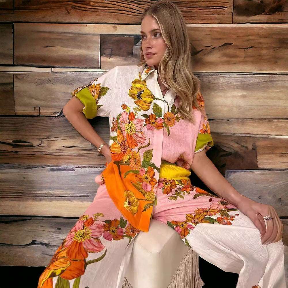 Casual Floral Cotton And Linen Two-piece Suit Outfit Top Wide-leg Pants New