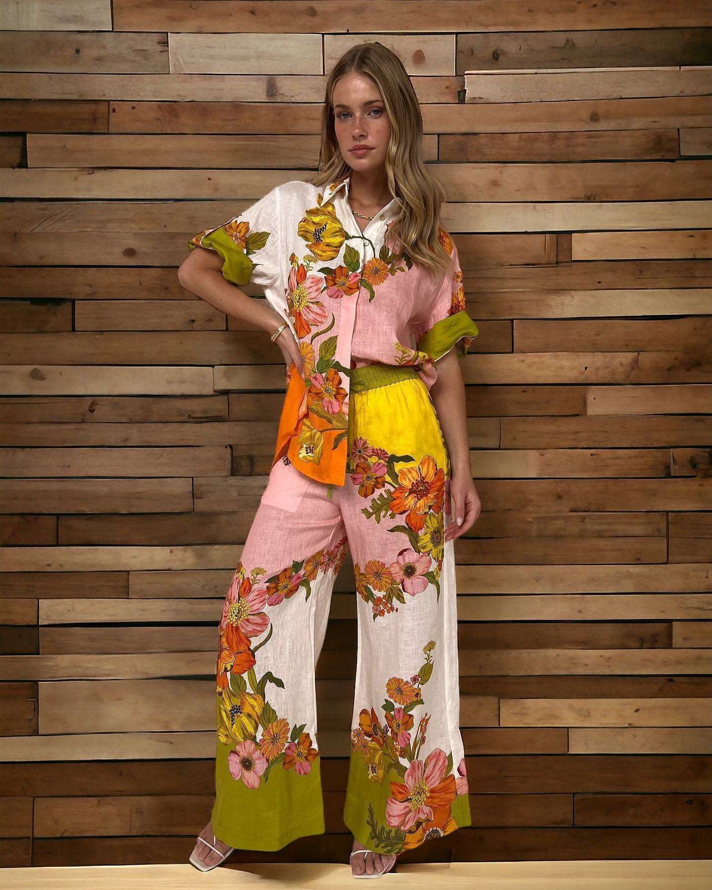 Casual Floral Cotton And Linen Two-piece Suit Outfit Top Wide-leg Pants New