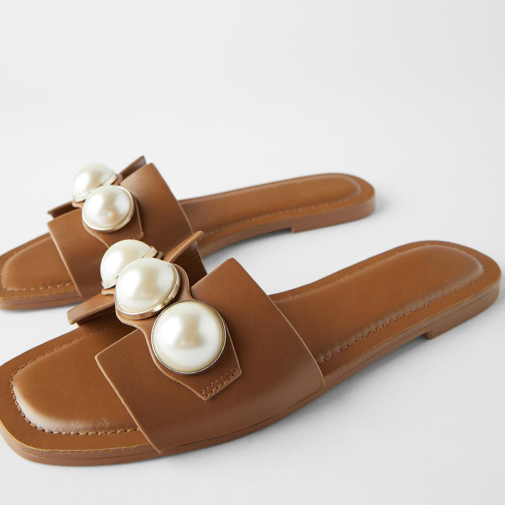 High-Quality Womens Pearl Casual Slip-On Leather Sandals - 727aaa