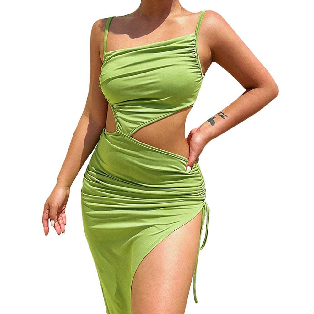 One Shoulder Ruched Cut Out Slit Dress New - 727aaa