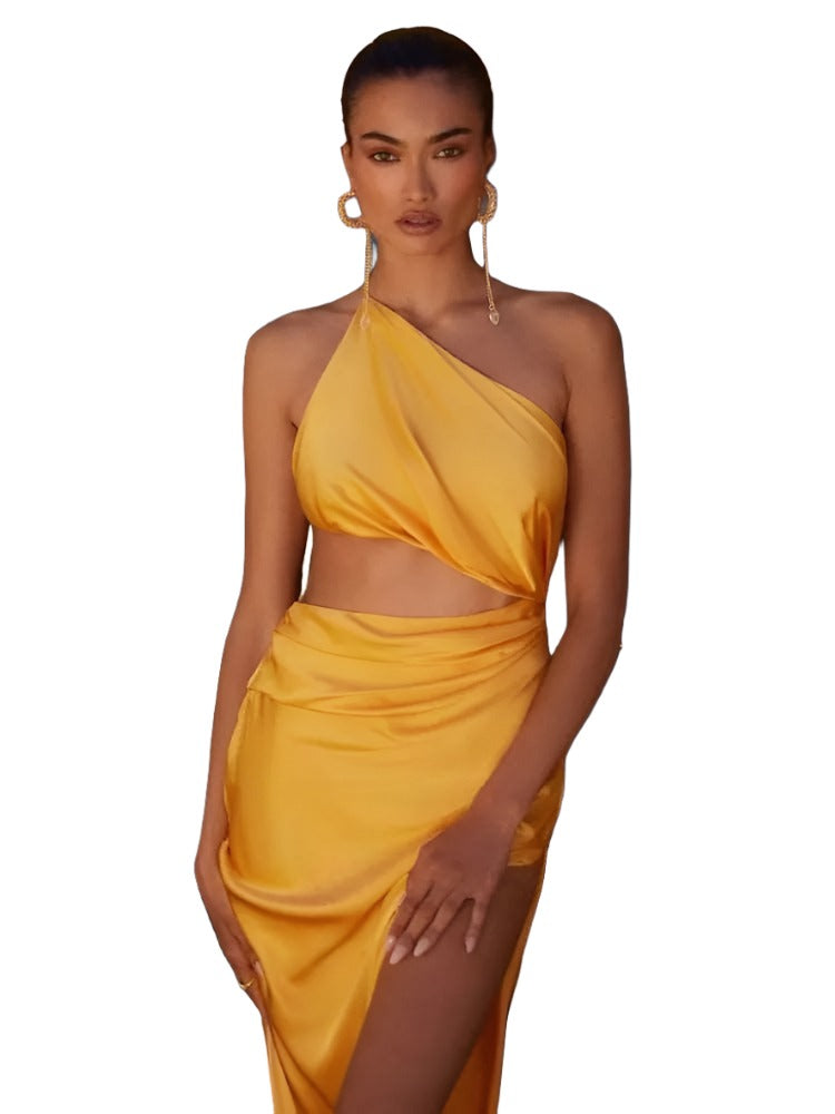 One Shoulder Silk Satin Gold Long Evening Dress 