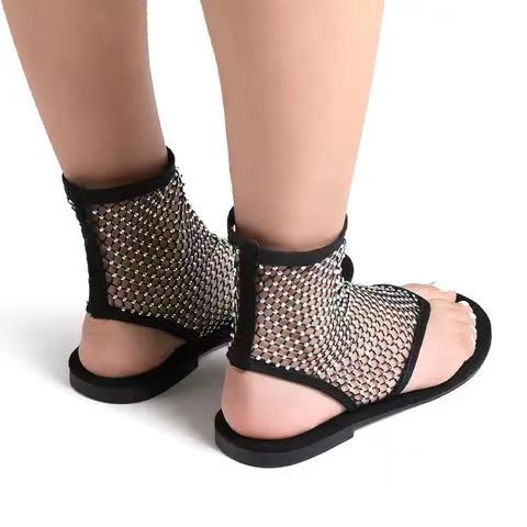 Plus Size Women's Flat Sandals Breathable Mesh Hot Drilling - Chik Boutik 