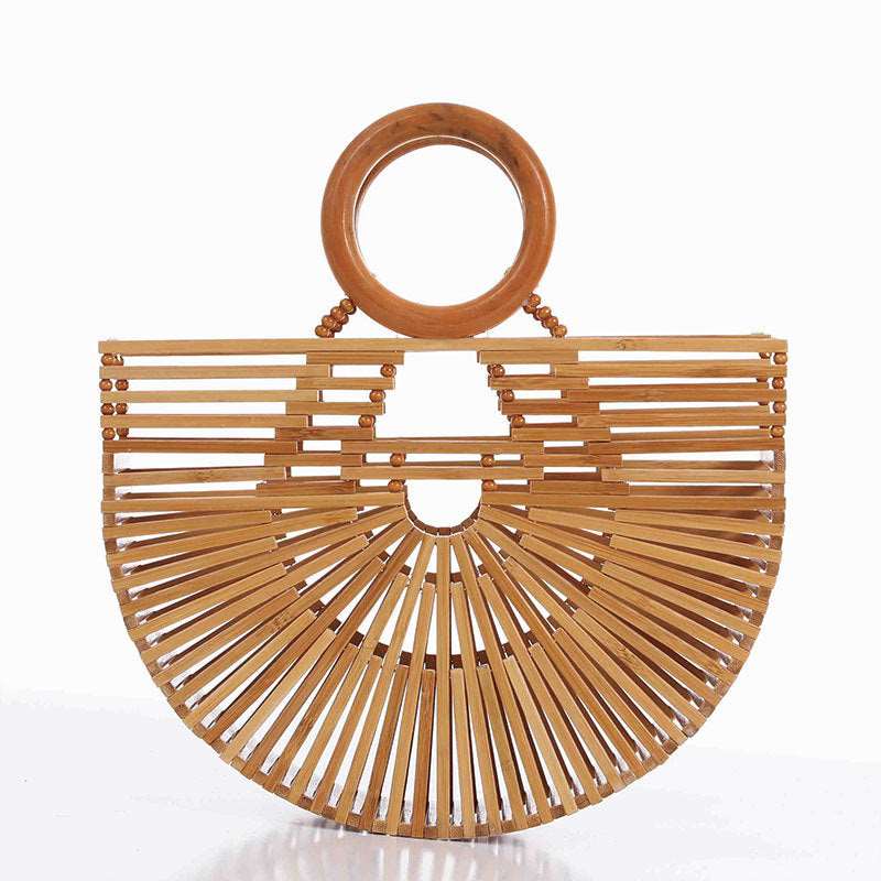 Portable Bamboo Basket Straw Beach Bag - 727aaa