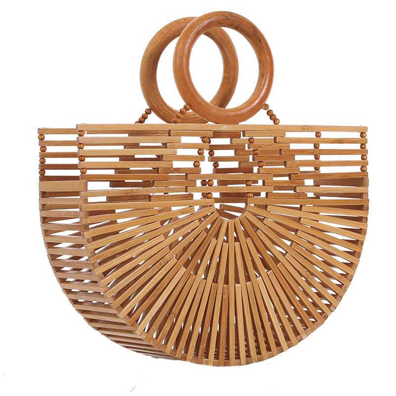 Portable Bamboo Basket Straw Beach Bag - 727aaa