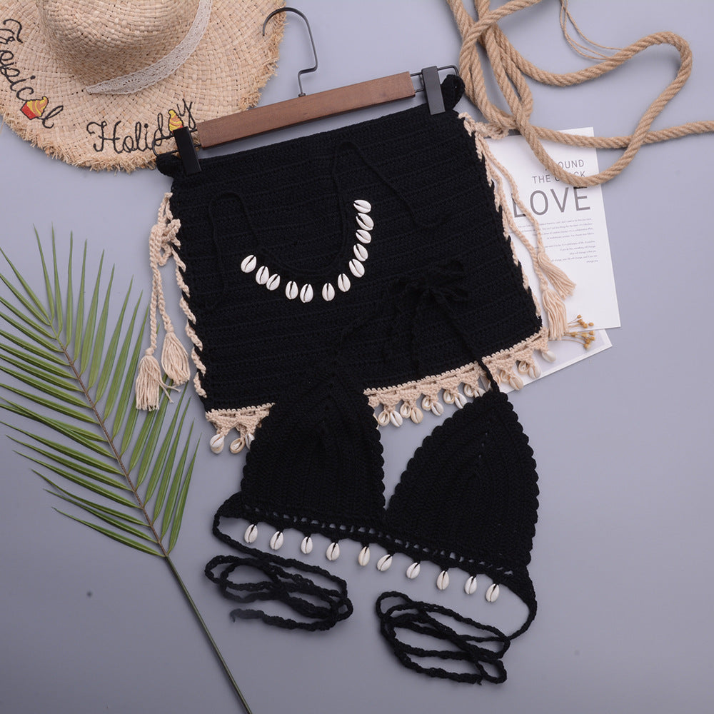 Shell Solid Color Lace-up Split Swimsuit Set - 727aaa