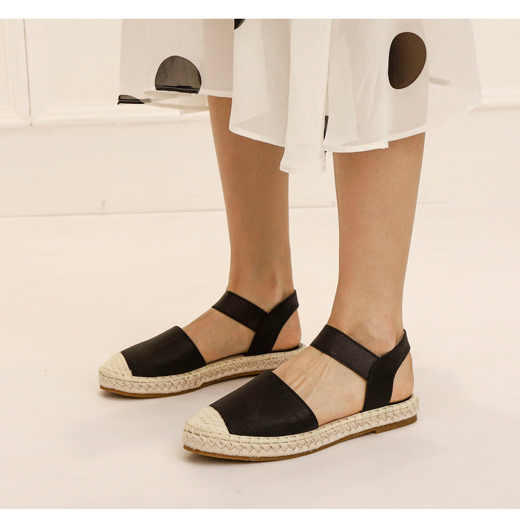 Soft soled Straw Woven Plus Size Leather Shoes, One-legged Lazy Sandals