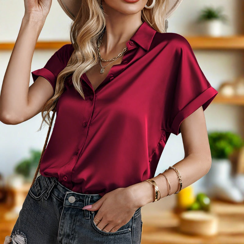 Women's satin silk button-down blouse in solid color with V-neck, batwing sleeves, and turn-down collar. Suitable for work and casual wear. Available in sizes S-XXL.