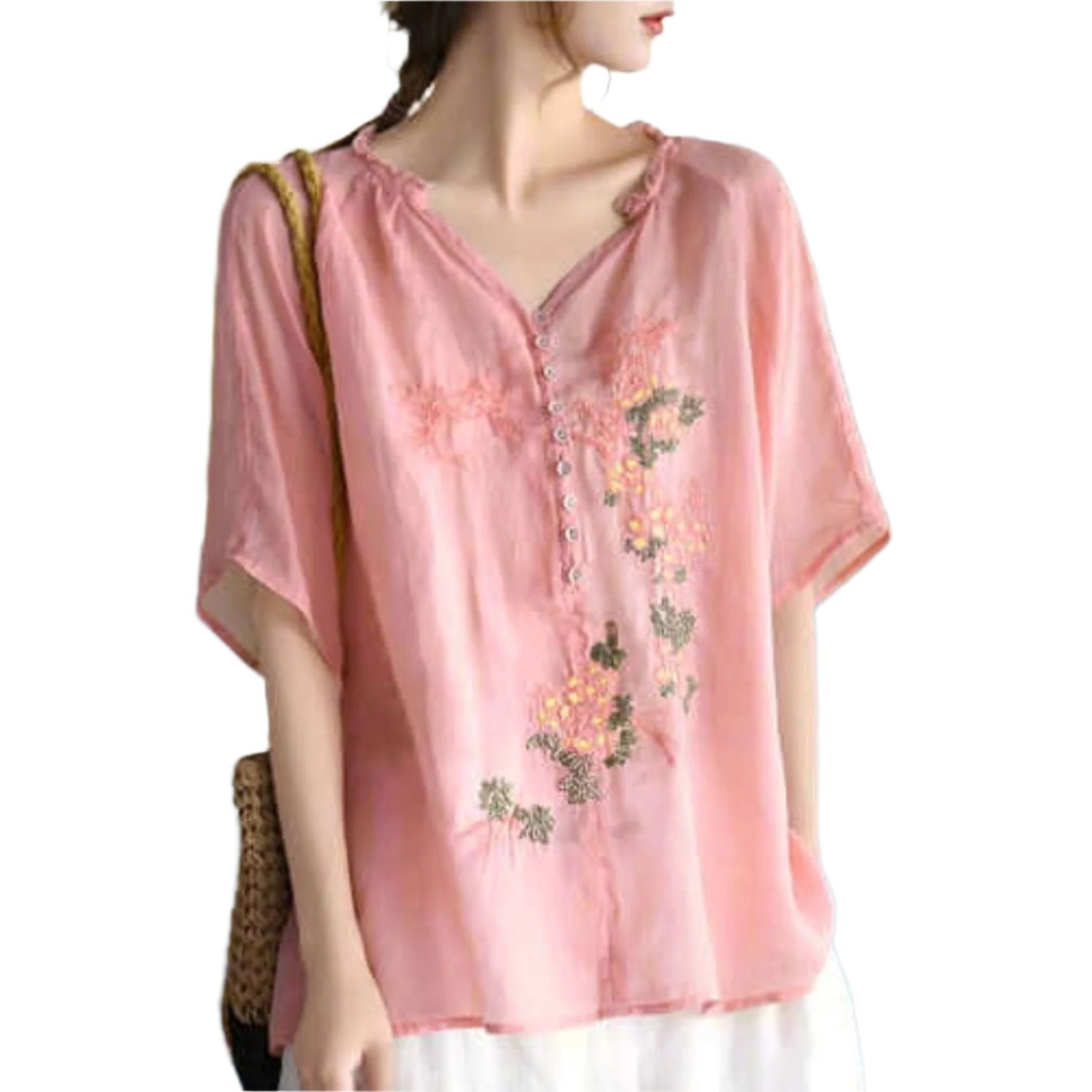 Embroidered cotton blouse in  pink 