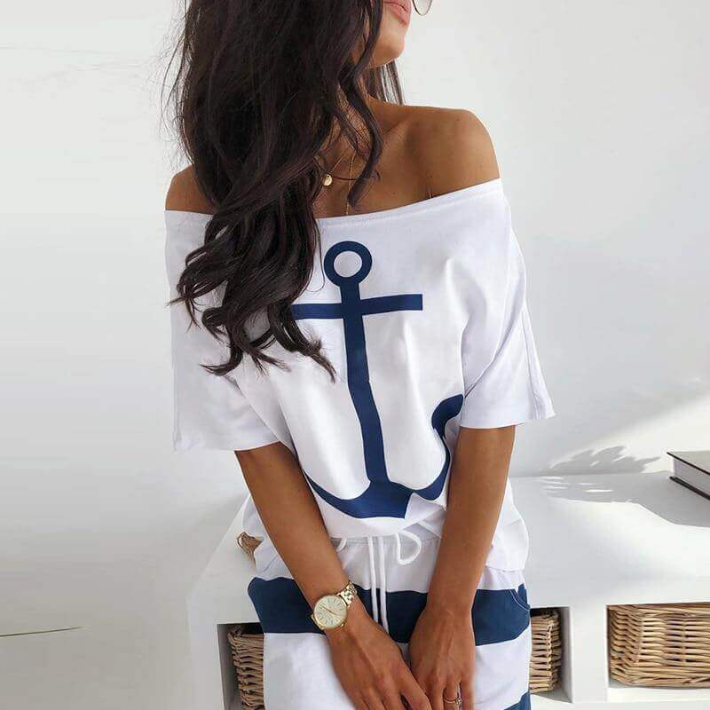 Navy Wind Casual Anchor Print T-shirt  Skirt Set