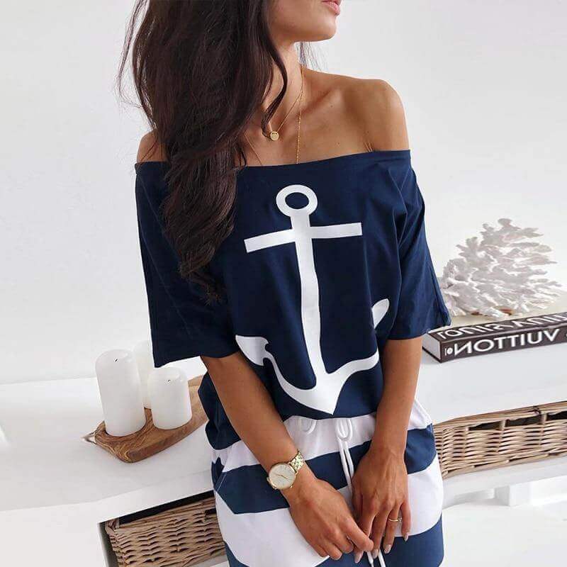 Navy Wind Casual Anchor Print T-shirt  Skirt Set