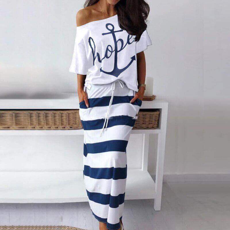 Navy Wind Casual Anchor Print T-shirt  Skirt Set