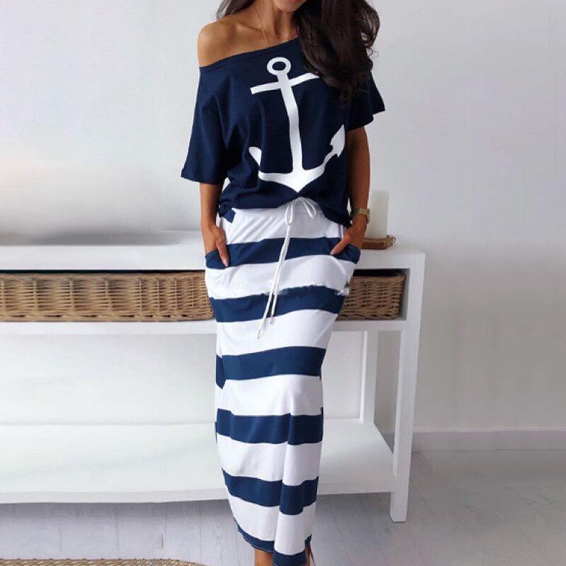 Navy Wind Casual Anchor Print T-shirt  Skirt Set New