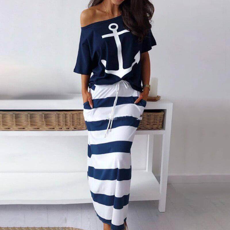 Navy Wind Casual Anchor Print T-shirt  Skirt Set