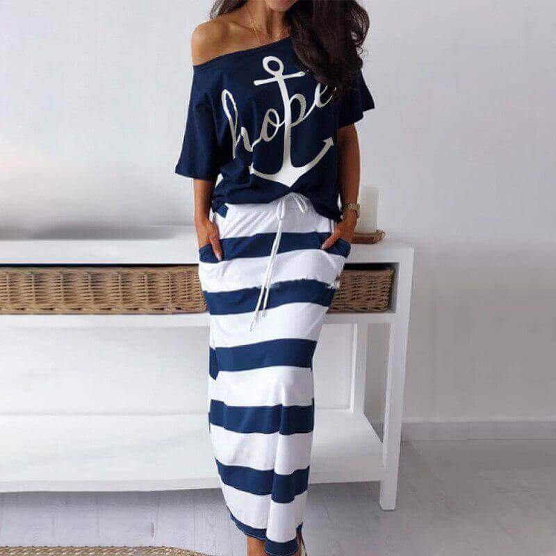 Navy Wind Casual Anchor Print T-shirt  Skirt Set