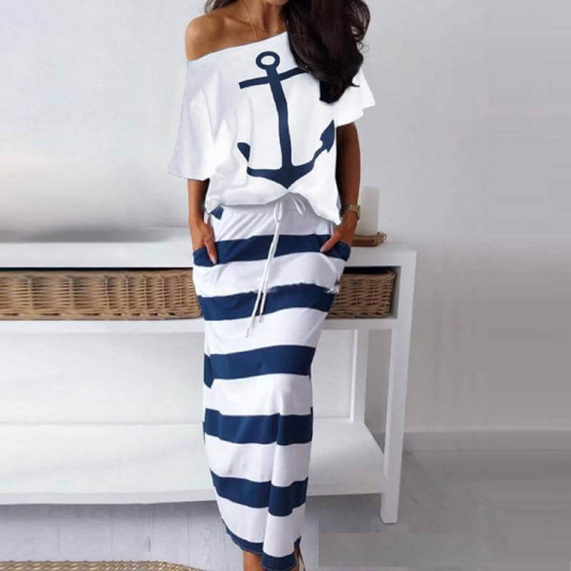 Navy Wind Casual Anchor Print T-shirt  Skirt Set New