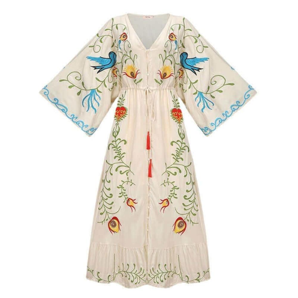 Stylish vintage dress featuring flower embroidery, swing skirt