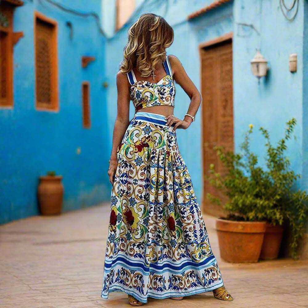 Long Strap Print Skirt Set - Two-Piece Outfit