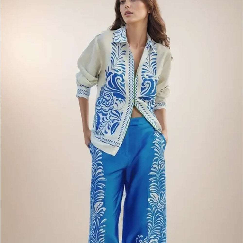 blue and white pants outfit for women designer pants outfits for women floral print pants and shirts set for woman