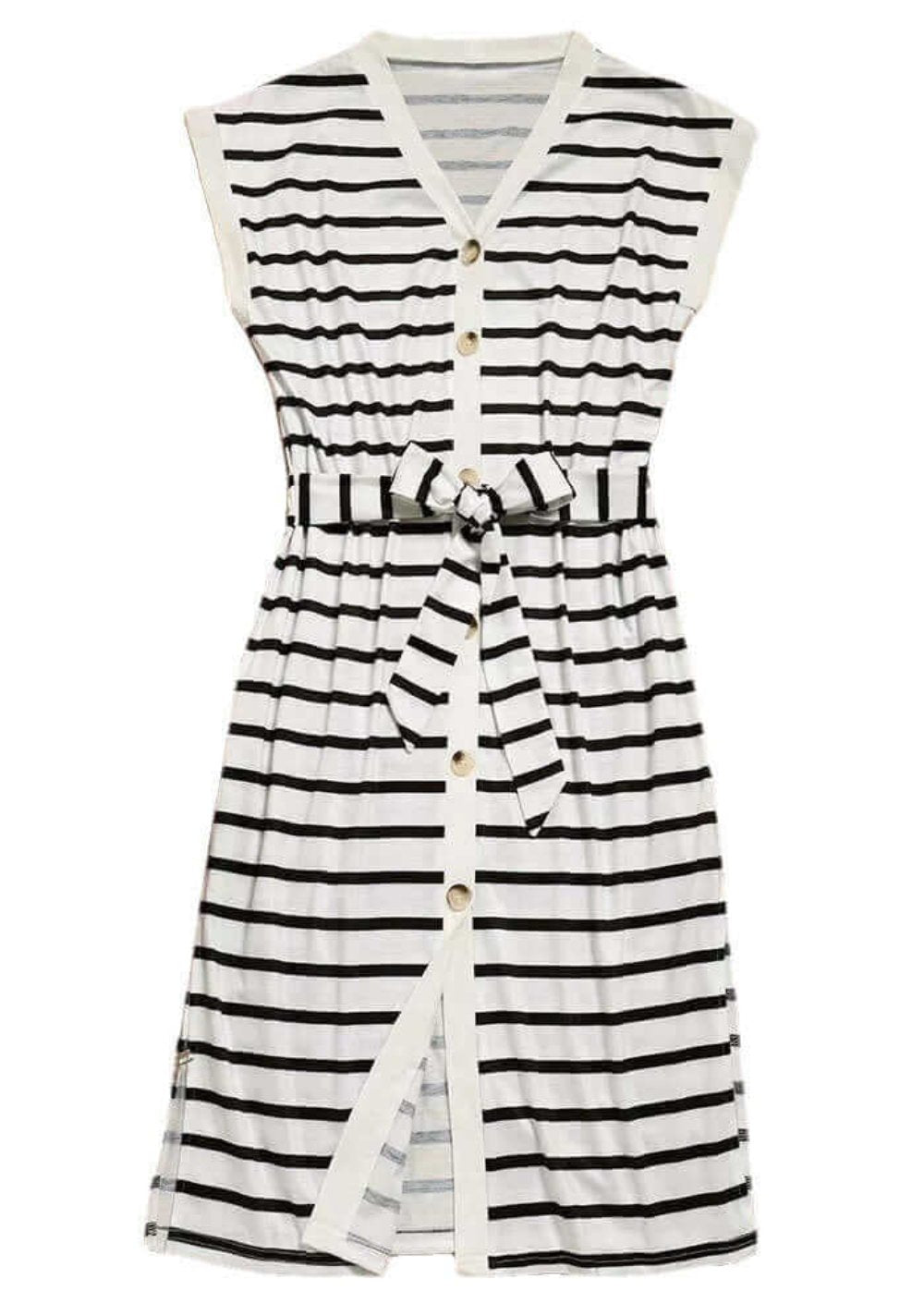 Striped Button Belted Casual V-Neck Midi Dress 