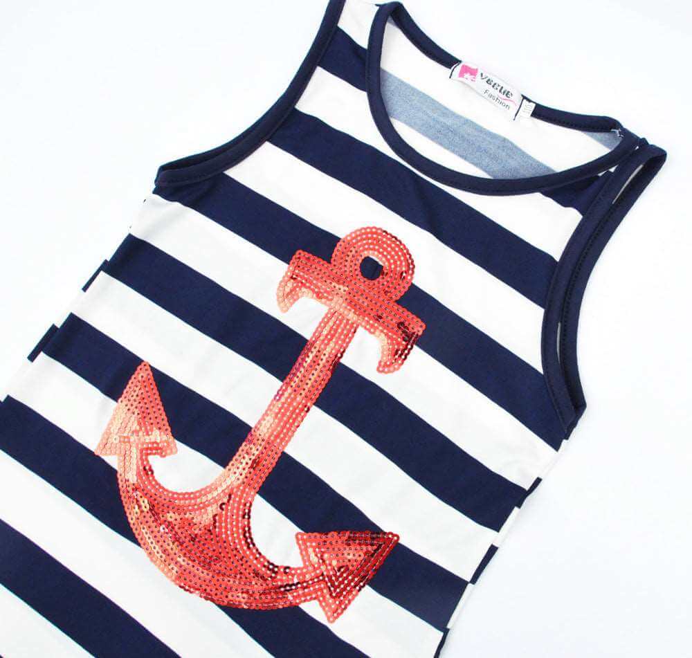 Nautical-themed sleeveless dress with anchor design,