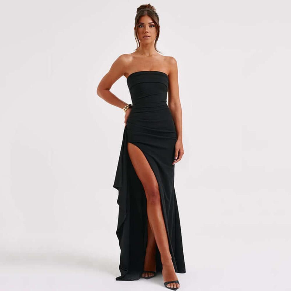  Black Strapless Thigh Split Gown

