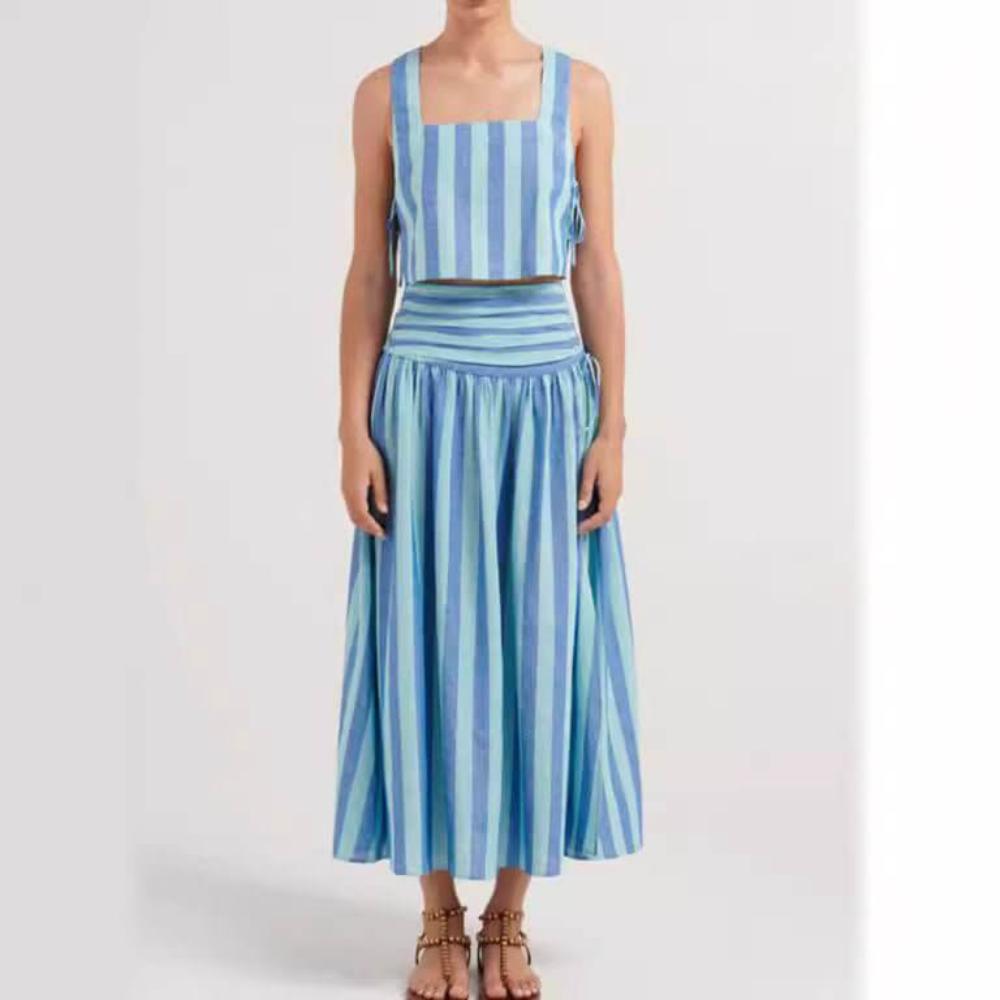 Retro blue striped tank and midi skirt set