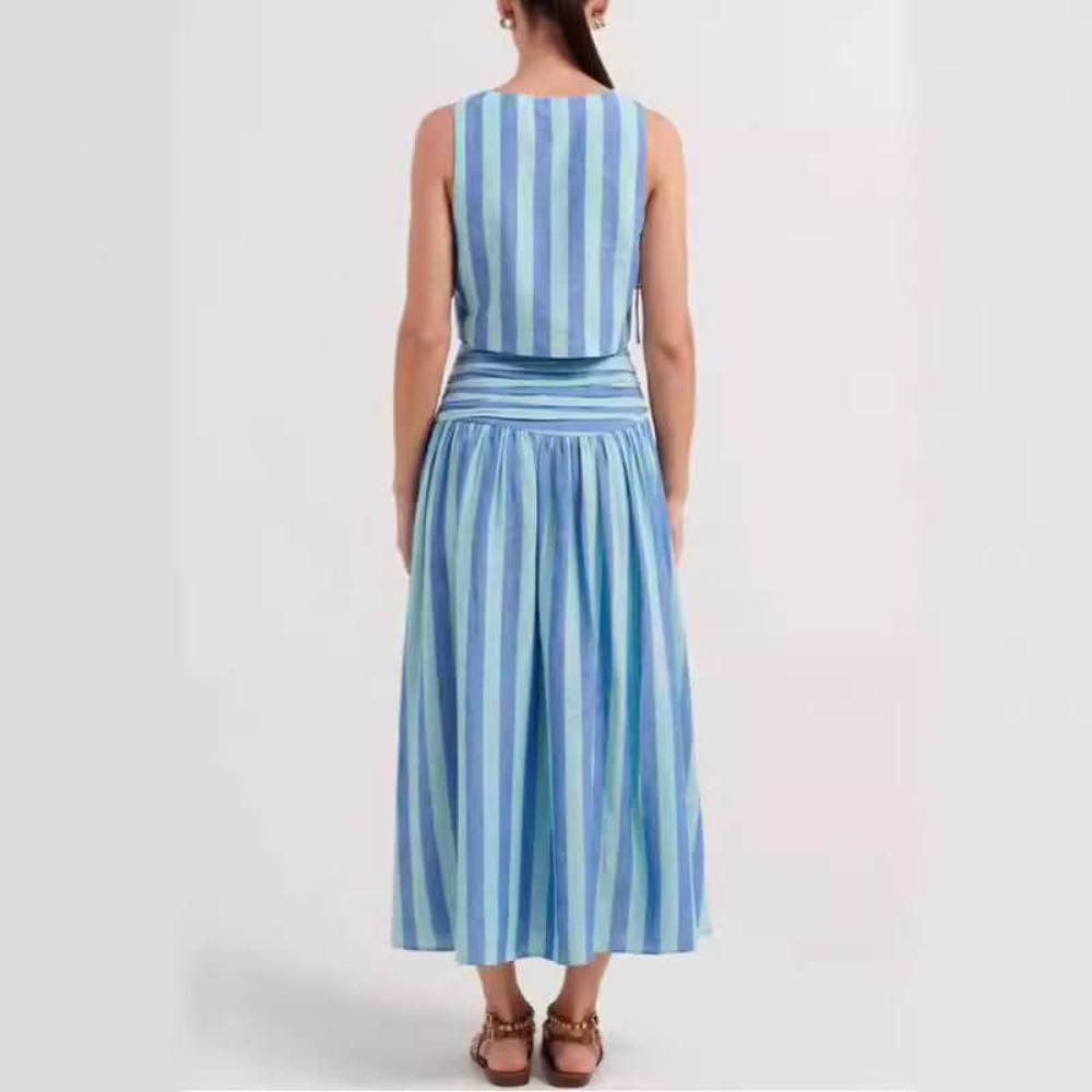 Blue striped tank top with lace-up details and matching midi skirt