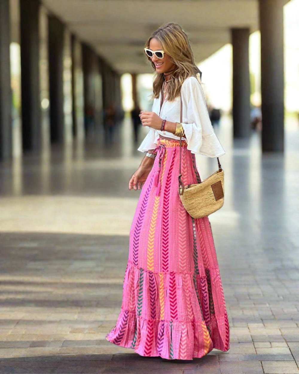 Long-length Bohemian skirt in pink with a relaxed fit and flounced hem