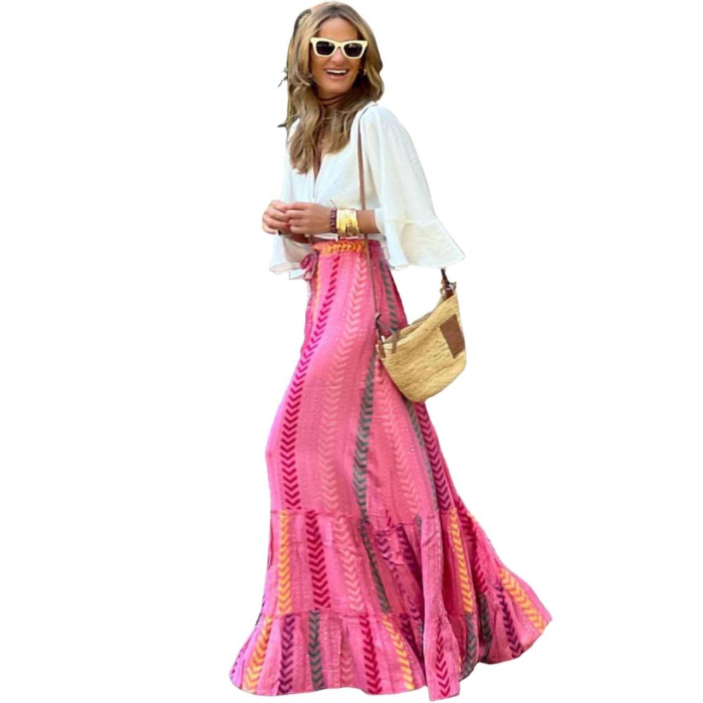 Bohemian Pink Hem Skirt with flounced design and geometric pattern. skirt
