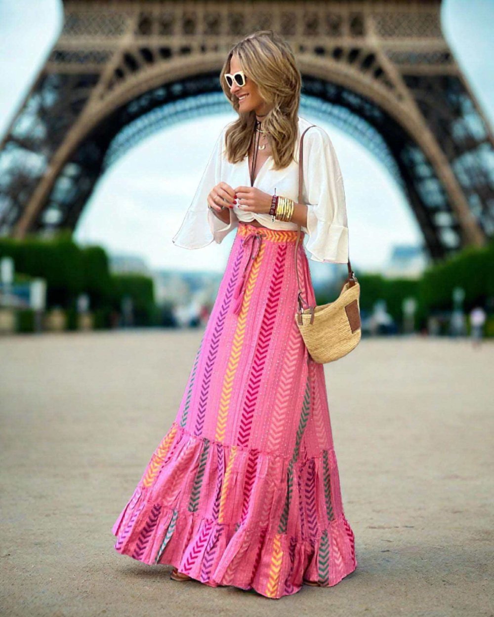 Elegant pink skirt with geometric pattern and flowing design for a bohemian look