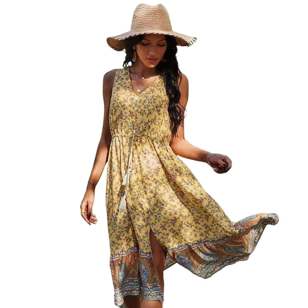 Affordable boho floral dress with ruffle details.