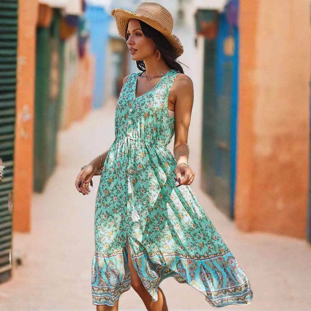 Intricately printed dress with a bohemian flair.