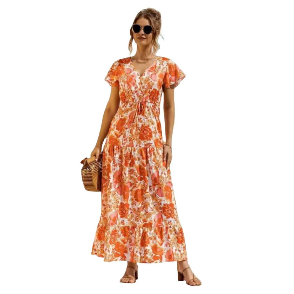 Elegant Boho floral print V-neck dress.