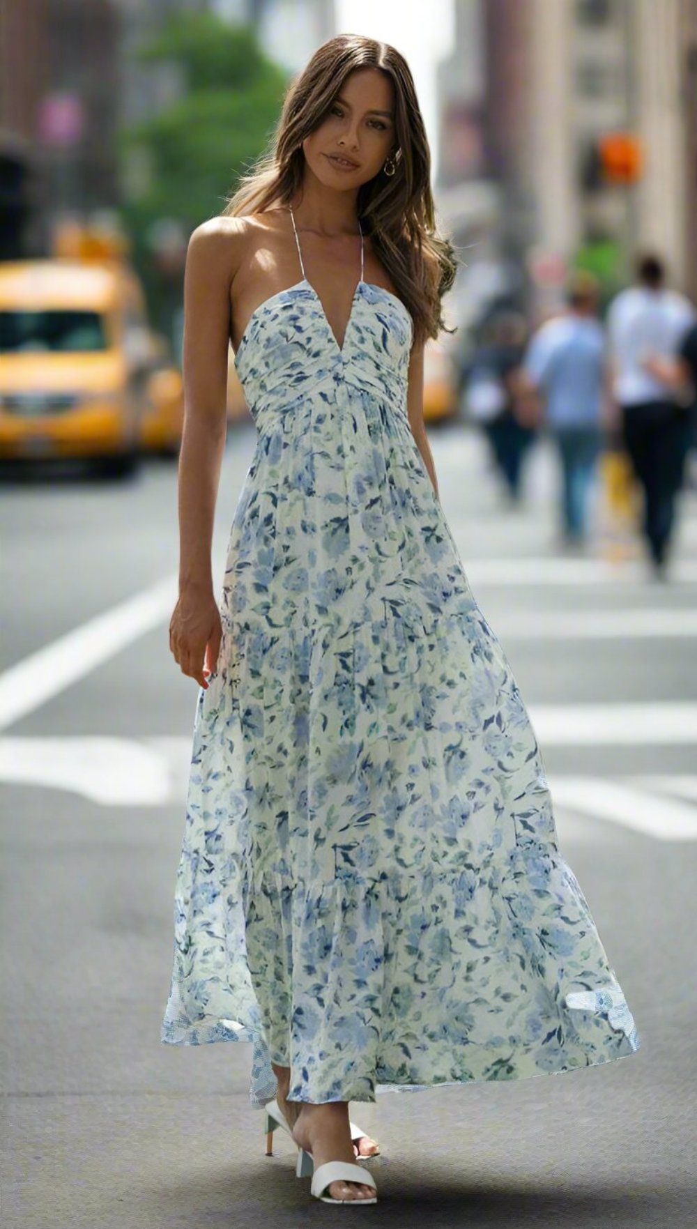 Chiffon V-neck Sleeveless Long Floral Dress