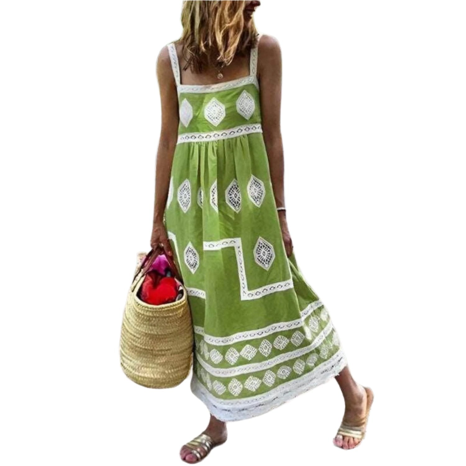 boho-inspired maxi green dress with white laces 