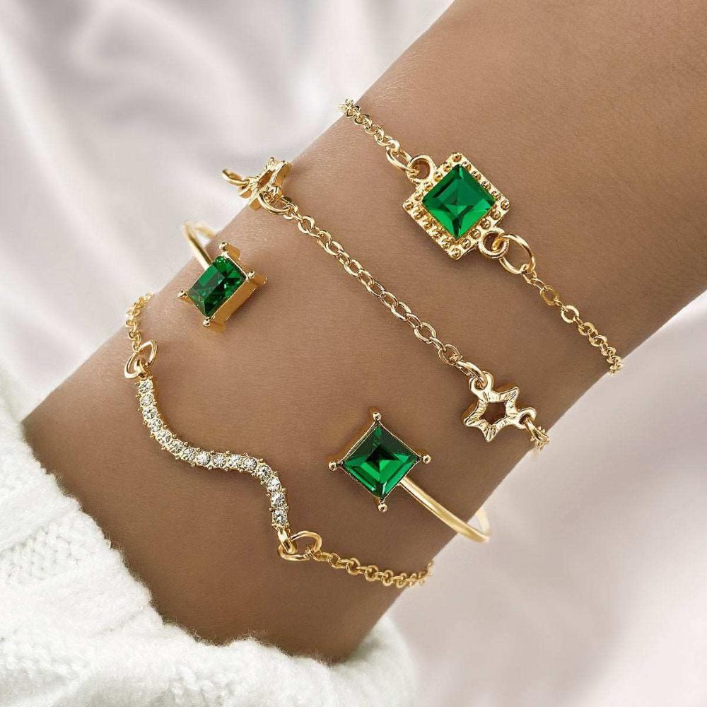 Elegant emerald square diamond bracelet set of 4 with intricate design