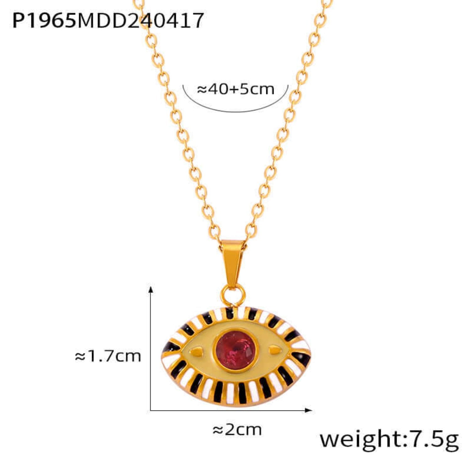 Fashionable gold evil eye pendant with a shimmering electroplated finish.