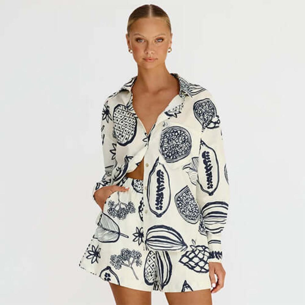 Tropical Fruit Print Loose Shirt and Shorts Set 