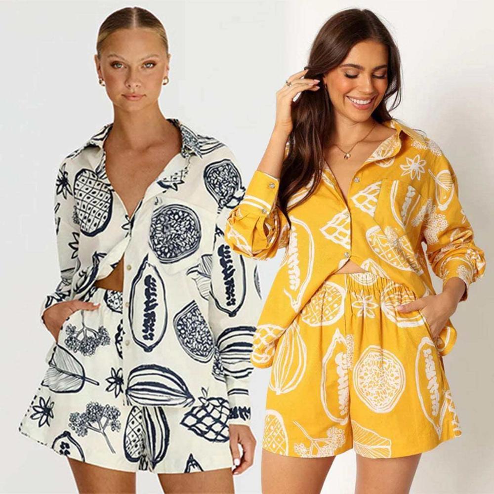 affordable short sets for women Tropical Fruit Print Loose Shirt and Shorts Set women designer short sets