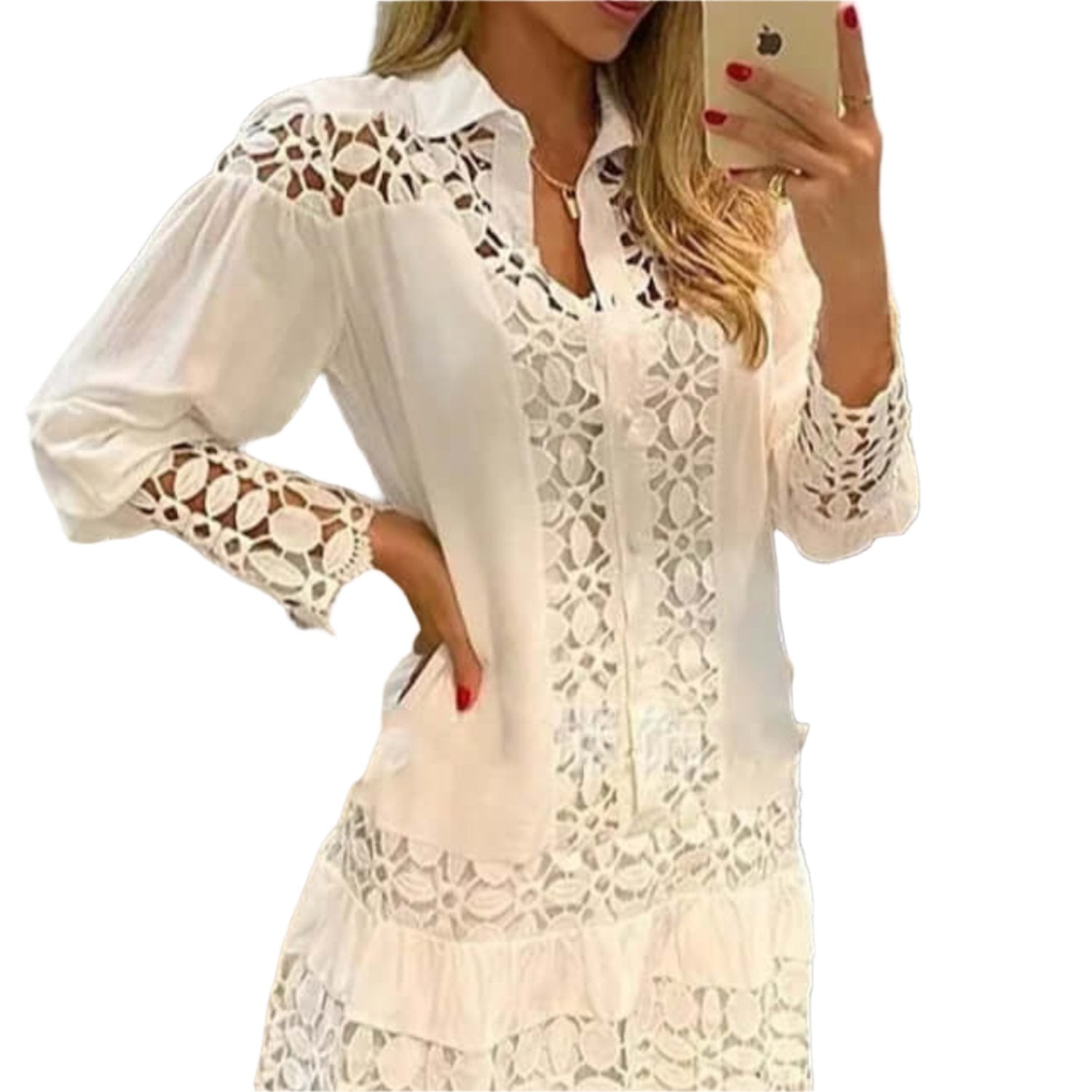 Lace stitching mini dress in white  for autumn