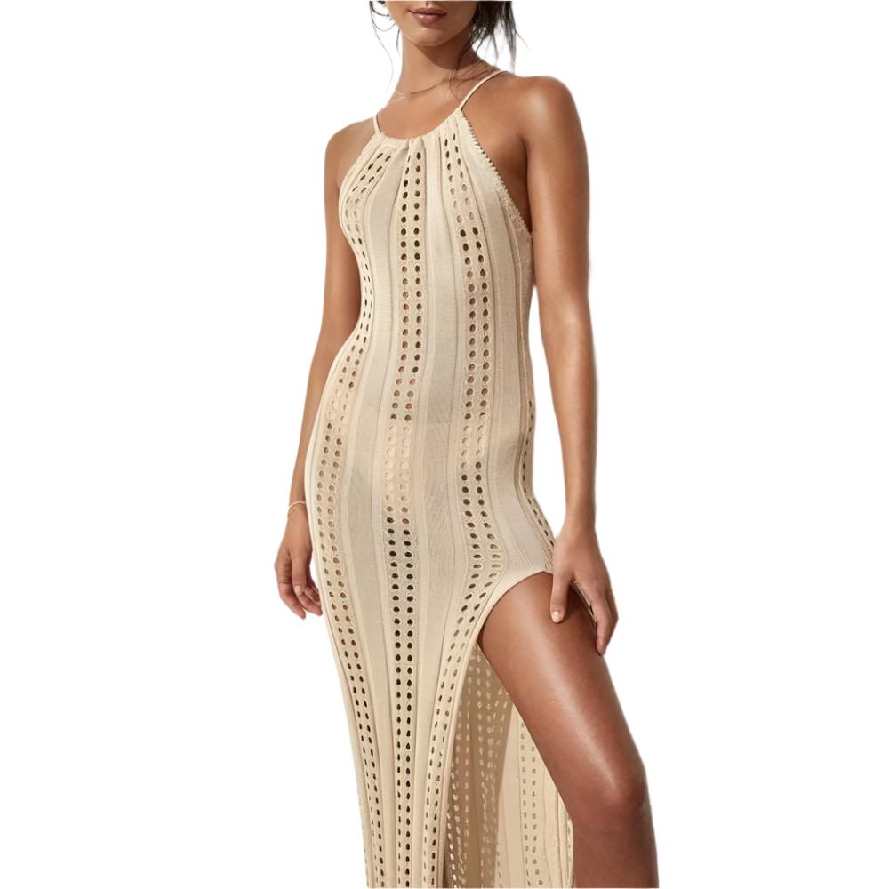 Lightweight crochet beach dress in beige