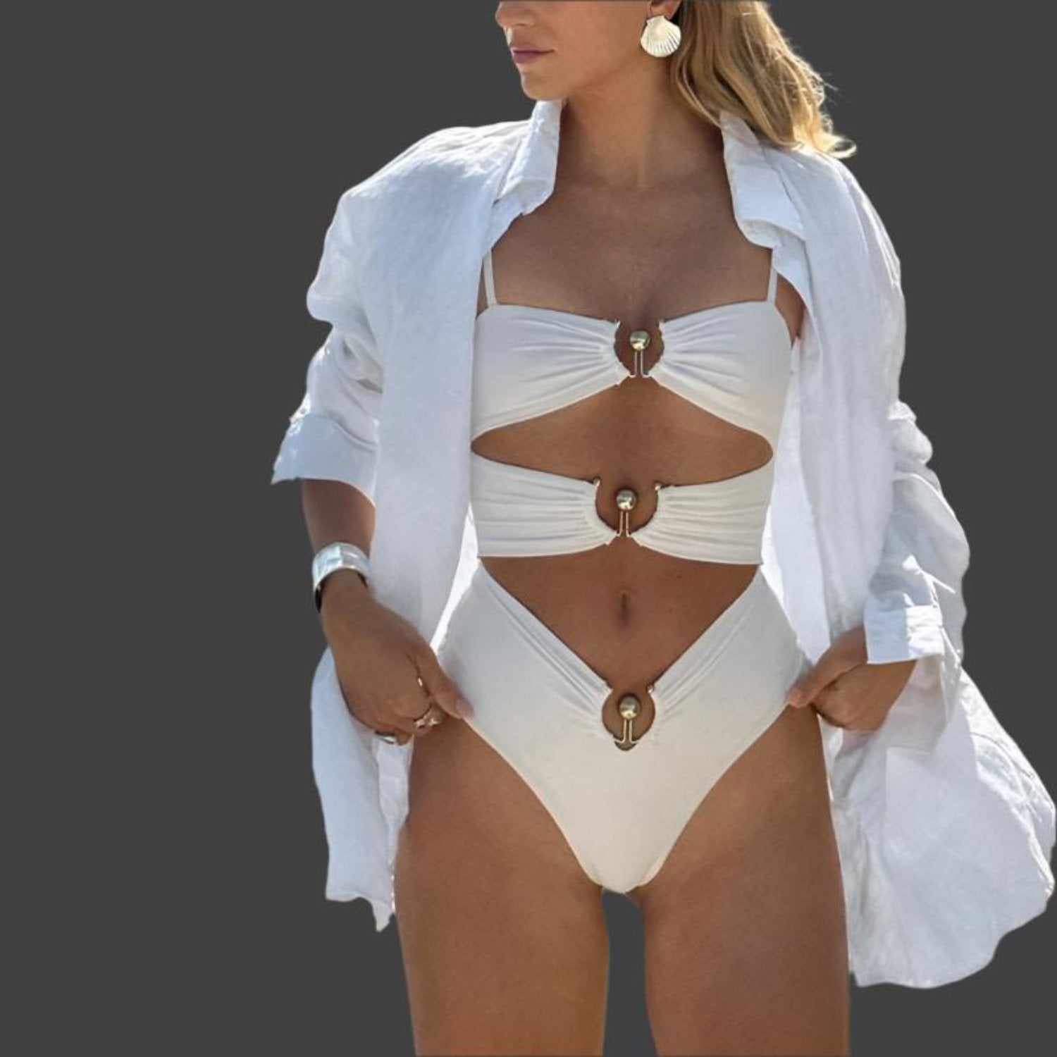 Solid white nylon swimwear for women