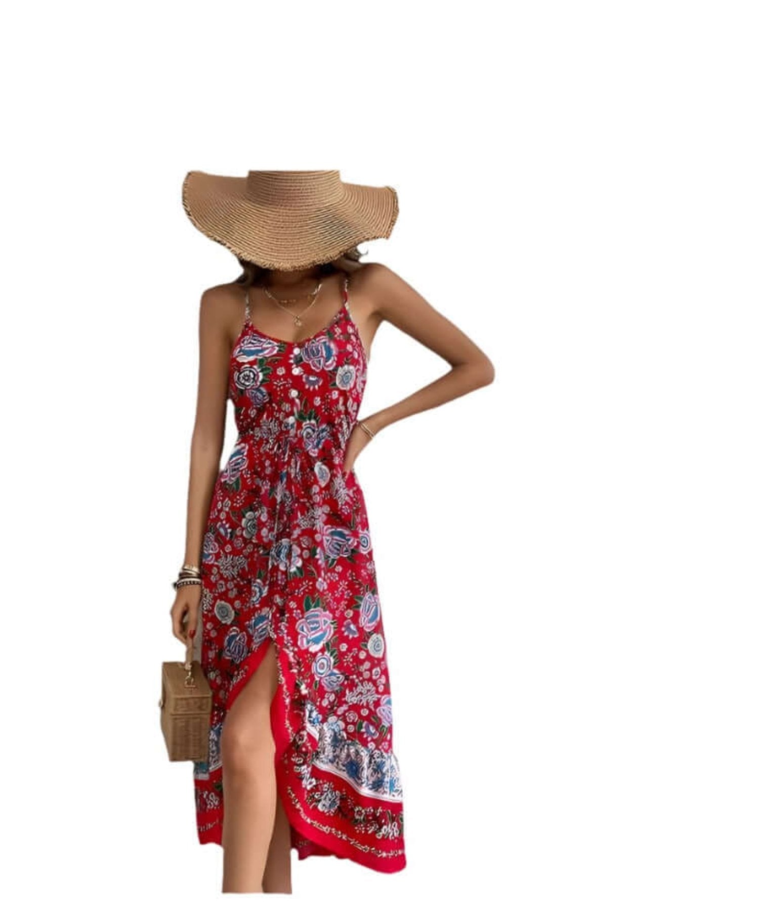  red floral sling dress, showcasing its stylish cut