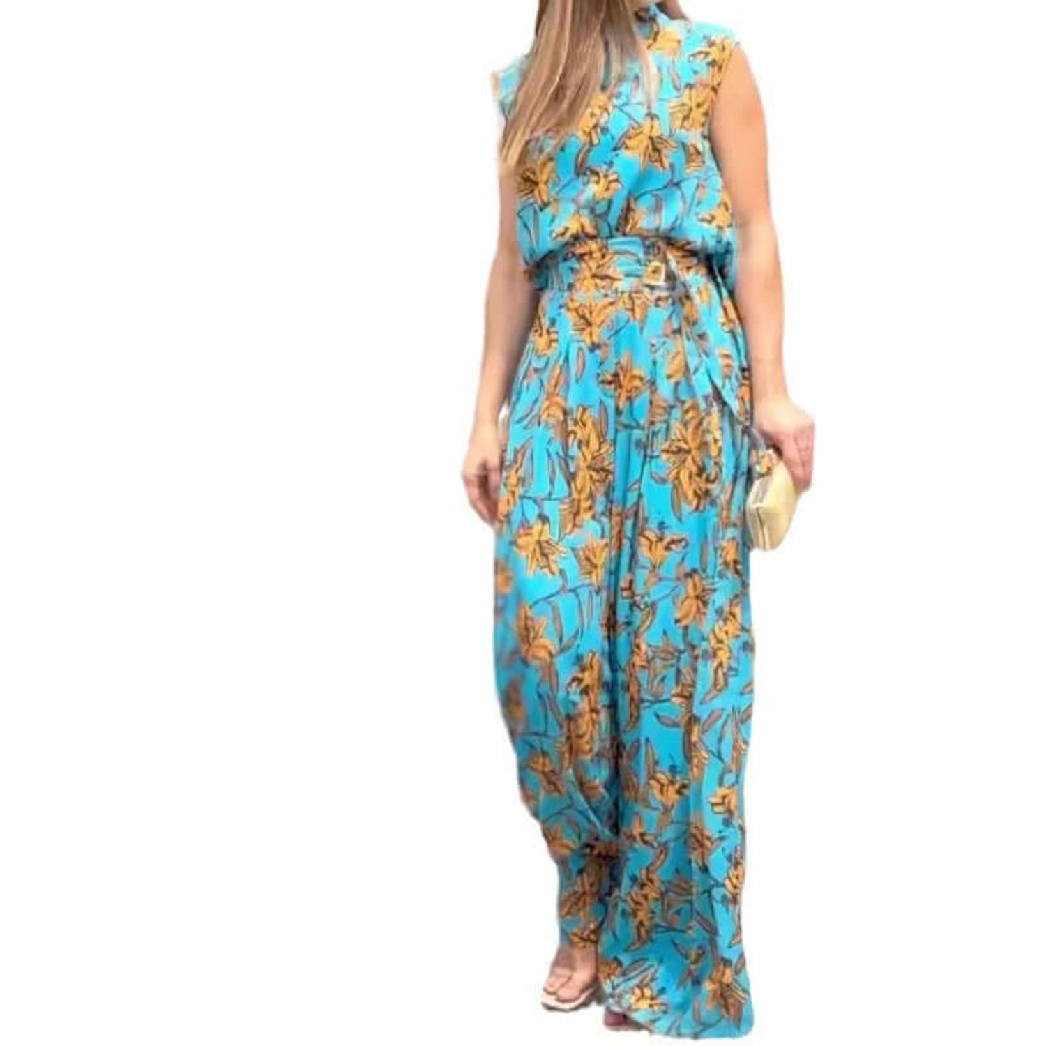 Jumpsuit in stylish sky blue with a trendy high-waisted silhouette.