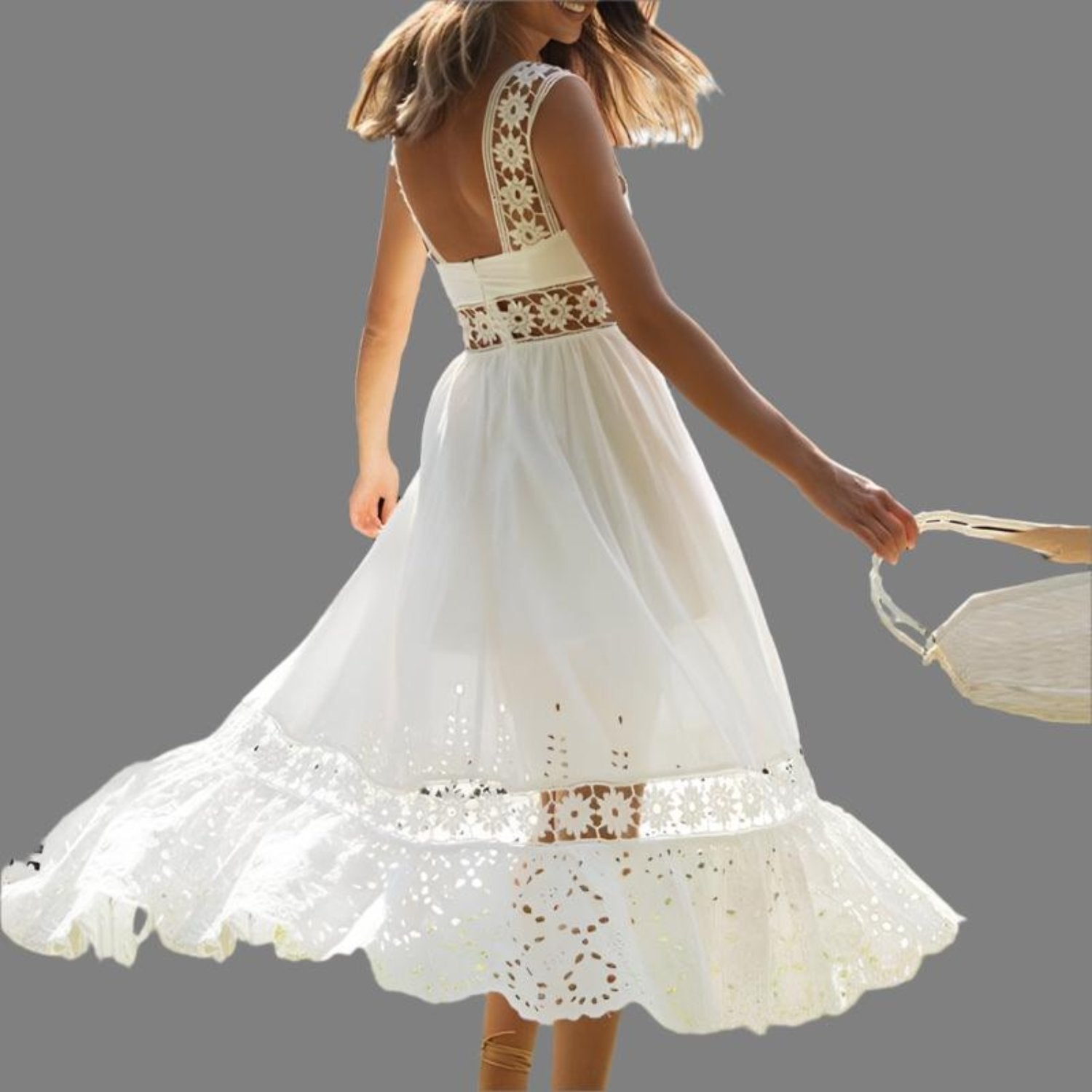 embroidered white square collar mid length dress