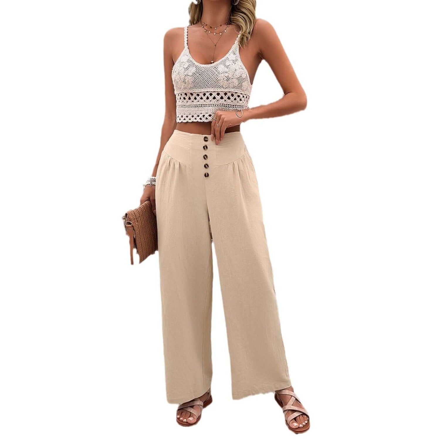 Beige color wide-leg pants with pockets 