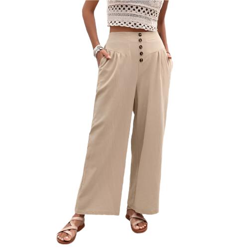 Women's wide-leg cotton pants with pockets, perfect for casual wear.