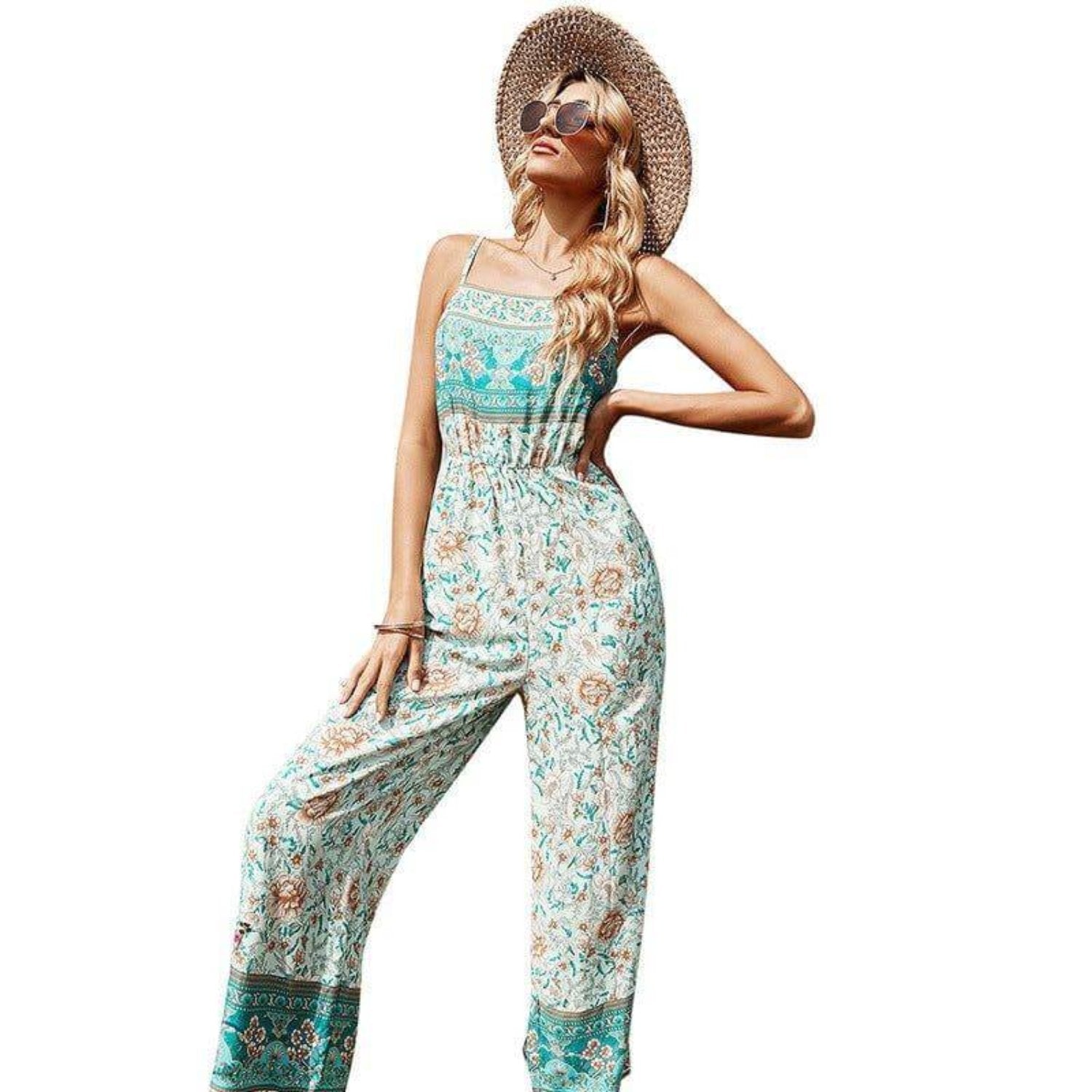 green floral sleeveless jumpsuit