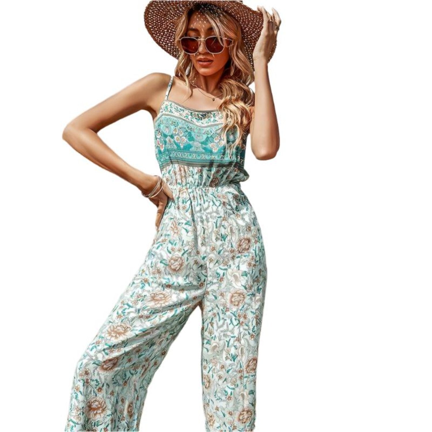 Women’s green floral loose waist jumpsuit with sleeveless design